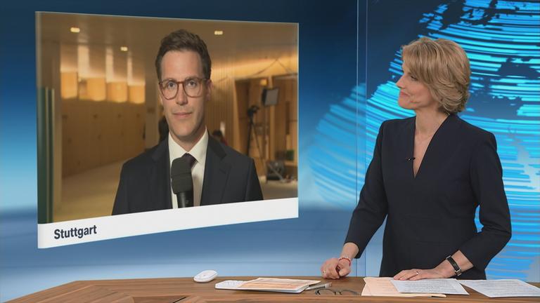 Schaltgespräch zwischen der Moderatorin Marietta Slomka und dem CDU Spitzenkandidat Manuel Hagel