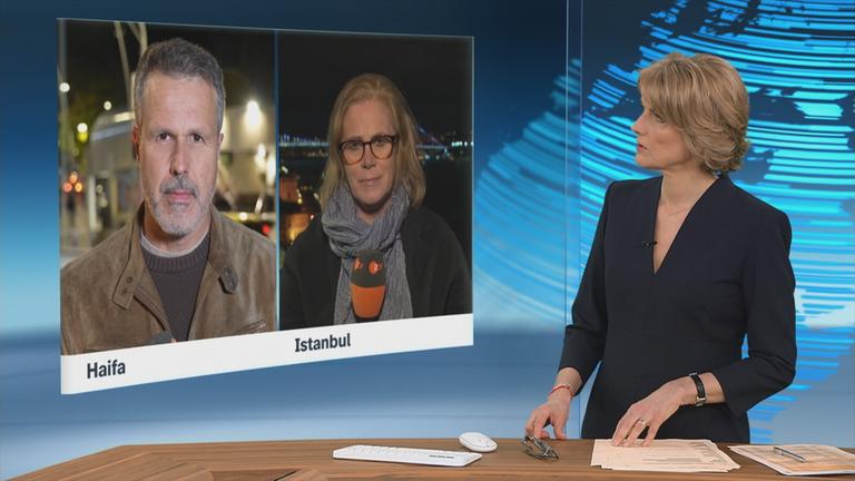 Schaltgespräch zwischen der Moderatorin Marietta Slomka und den Korrespondenten Thomas Reichart und Isabelle Tümena