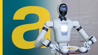 Ein humanoider Roboter trägt ein Essenstablett.