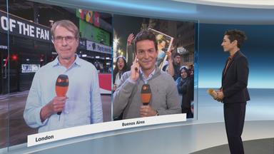 Schaltgespräch zwischen der Moderatorin Dunja Hayali und den Korrespondenten Yacin Hehrlein in London und Moritz Neuß in Buenos Aires