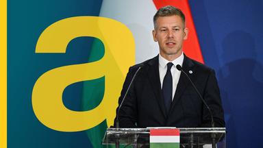 Der ungarische Ministerpräsident Peter Magyar steht vor einer ungarischen Flagge an einem Rednerpult. 