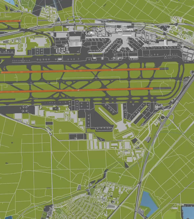 Die Animation zeigt, wie der Airport seit den 80er Jahren auf vier Bahnen und drei Terminals ausgebaut wurde.
