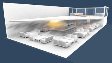 3D-Visualisierung des Brandstarts und der Treppe nach oben in der Bar "Le Constellation" in Crans-Montana, Schweiz.