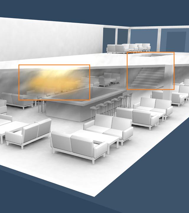 3D-Visualisierung des Brandstarts und der Treppe nach oben in der Bar "Le Constellation" in Crans-Montana, Schweiz.