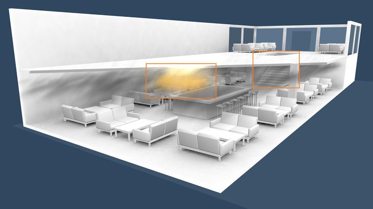 3D-Visualisierung des Brandstarts und der Treppe nach oben in der Bar "Le Constellation" in Crans-Montana, Schweiz.