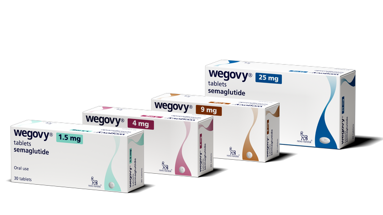 Mehrere Tablettenverpackungen von Wegovy in verschiedener Dosierung.