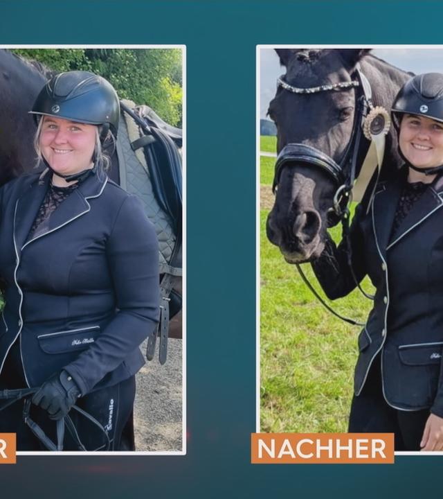 Ein "Vorher" und ein "Nachher" Foto einer Frau nach der Behandlung mit Abnehmspritze. Sie steht neben einem Pferd.