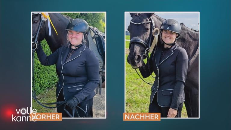 Ein "Vorher" und ein "Nachher" Foto einer Frau nach der Behandlung mit Abnehmspritze. Sie steht neben einem Pferd.