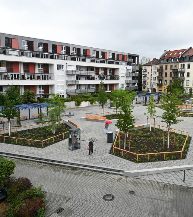 Luftaufnahme eines Platzes mit mehreren Beeten und Bäumen.