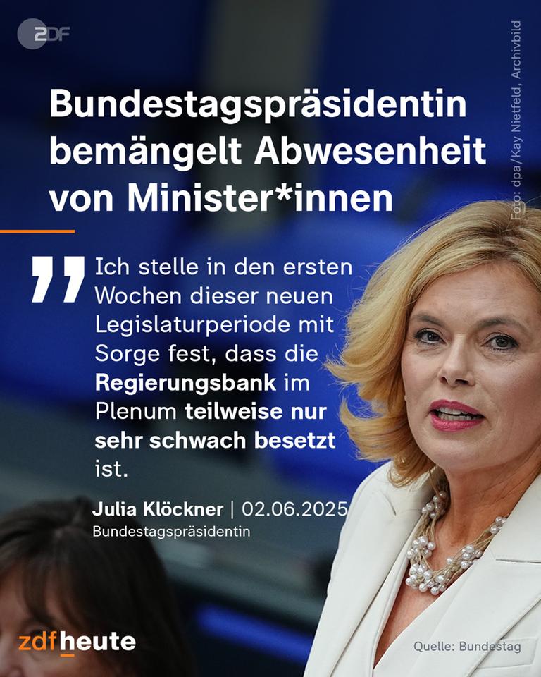 Bundestagspräsidentin bemängelt Abwesenheit von Minister*innen