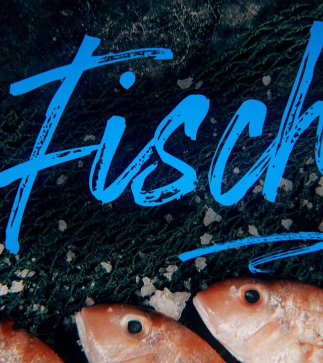 Köpfe von frischem Fangfisch neben frischen Tomaten in Scheiben und mit grobem Salz bestreut sowie Titelgrafik "Fisch"
