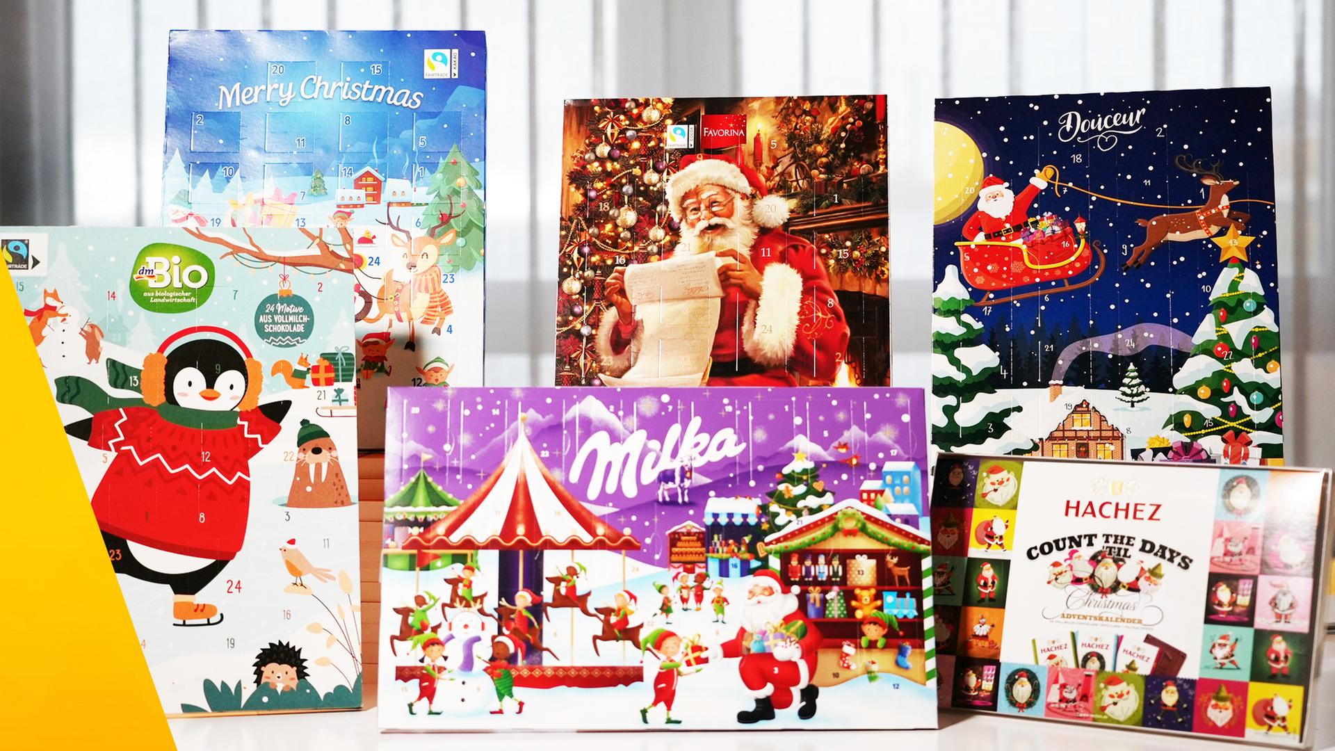 Sechs Adventskalender  mit Milchschokolade