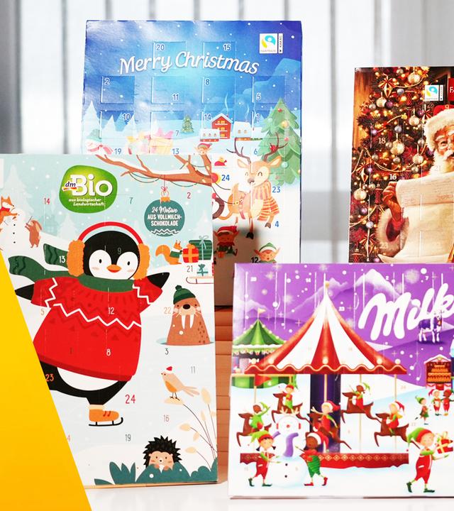 Sechs Adventskalender  mit Milchschokolade