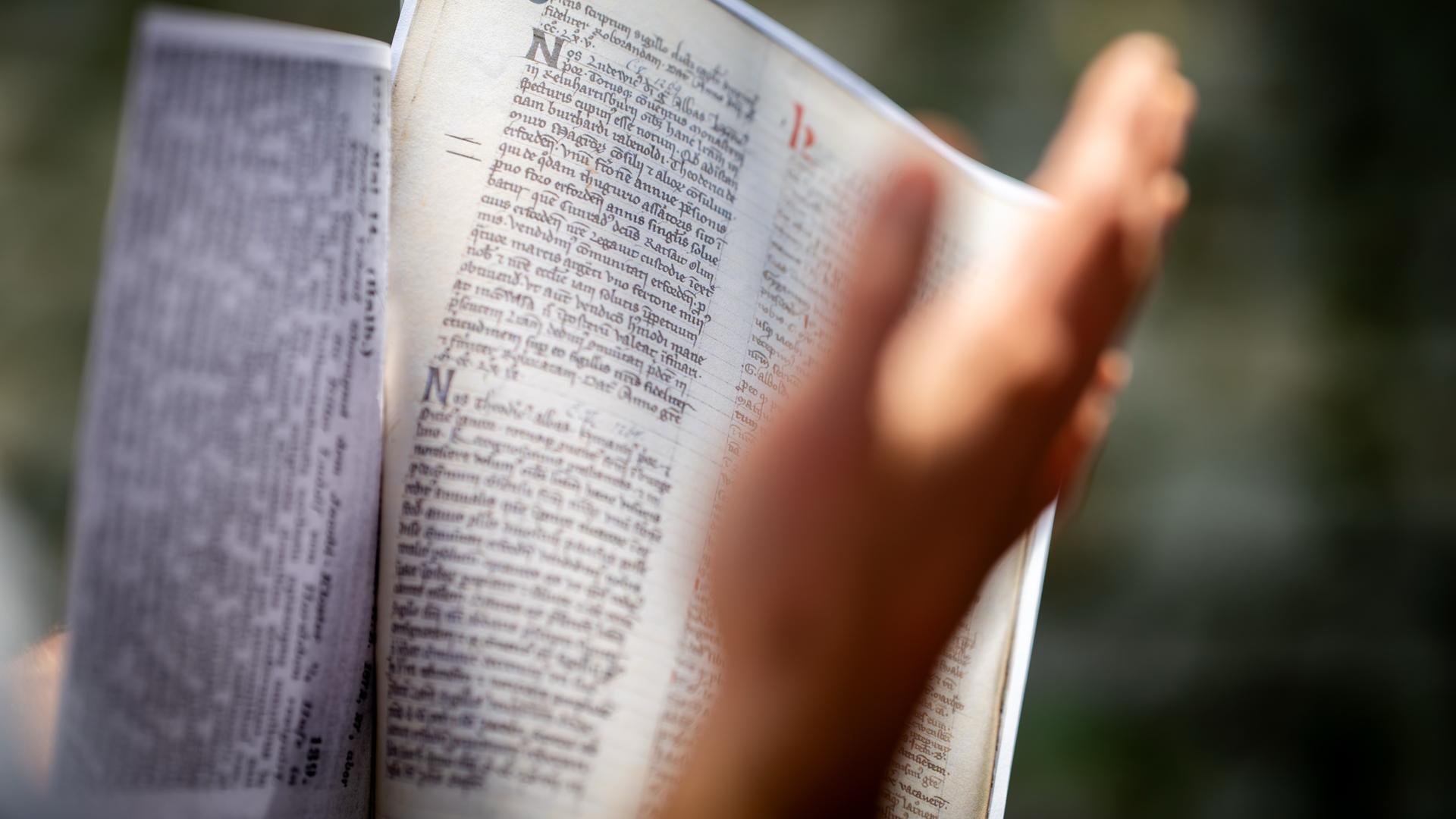 04.08.2025, Thüringen, Erfurt: Der Projektleiter für das Welterbe in der Stadt Erfurt, Martin Sladeczek, hält eine Kopie der Urkunde aus dem Jahr 1269 zur mutmaßlich ersten Erfurter Brathütte in den Händen. 