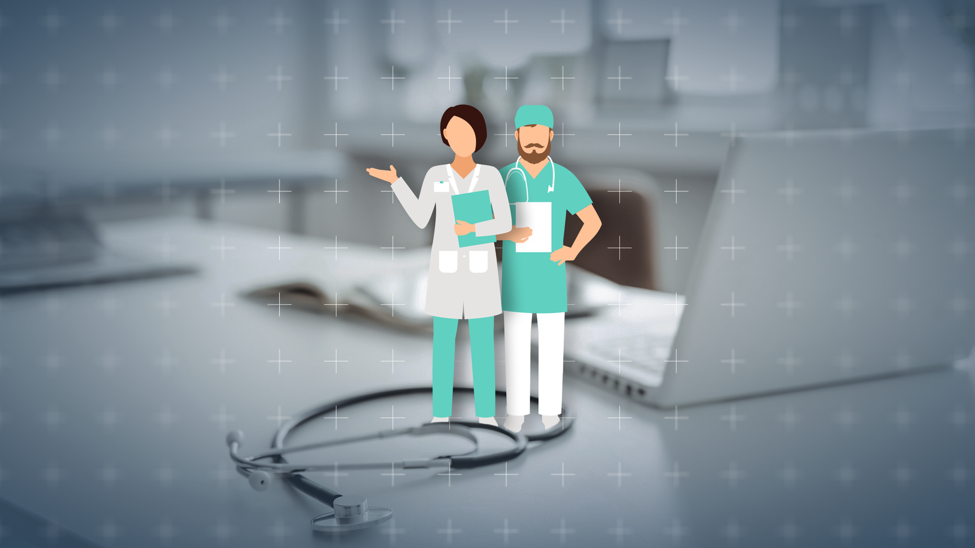 Die Illustration einer Ärztin und eines Arztes, im Hintergrund ein Schreibtisch mit einem Laptop, einem aufgeschlagenen Buch und einem Stetoskop. 