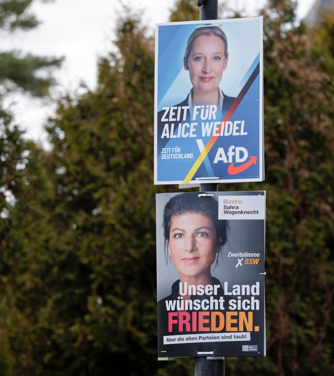Wahlplakate zur Bundestagswahl von AFD und BSW mit den Spitzenkandidatinnen Alice Weidel und Sahra Wagenknecht hängen an einem Lichtmast in Hohen Neuendorf am 25.01.2025.