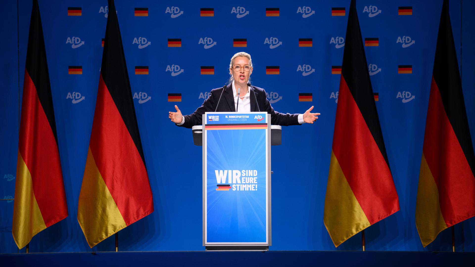 Alice Weidel, Bundesvorsitzende der AfD, spricht beim Bundesparteitag der AfD in der Grugahalle in Essen am 29.06.2024.