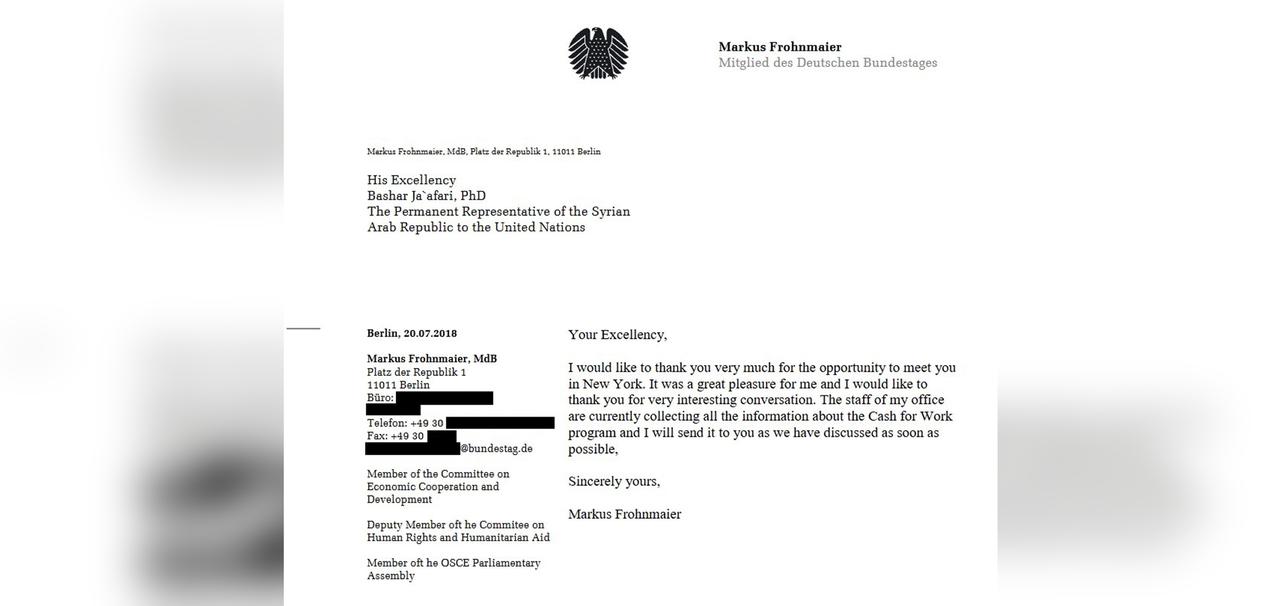 Diesen Brief schrieb Frohnmaier am 20. Juli 2018 an den Vertreter der Assad-Diktatur bei den Vereinten Nationen.