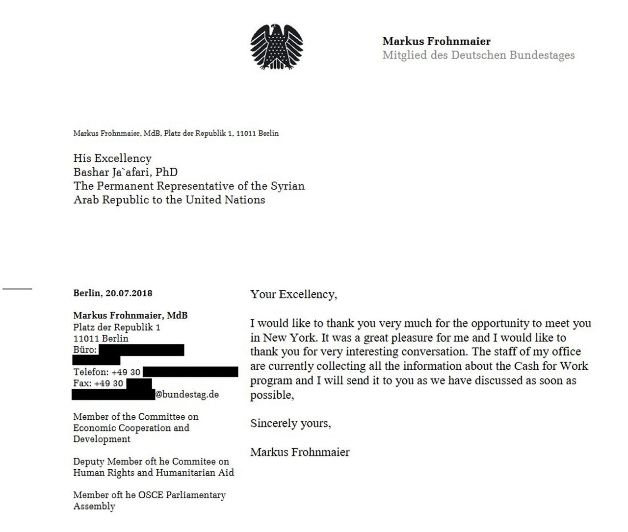 Diesen Brief schrieb Frohnmaier am 20. Juli 2018 an den Vertreter der Assad-Diktatur bei den Vereinten Nationen.