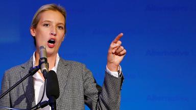 AfD-Politikerin Alice Weidel steht am Rednerpult bei der Bayern-Wahl am 14.10.2018 in Mamming. 