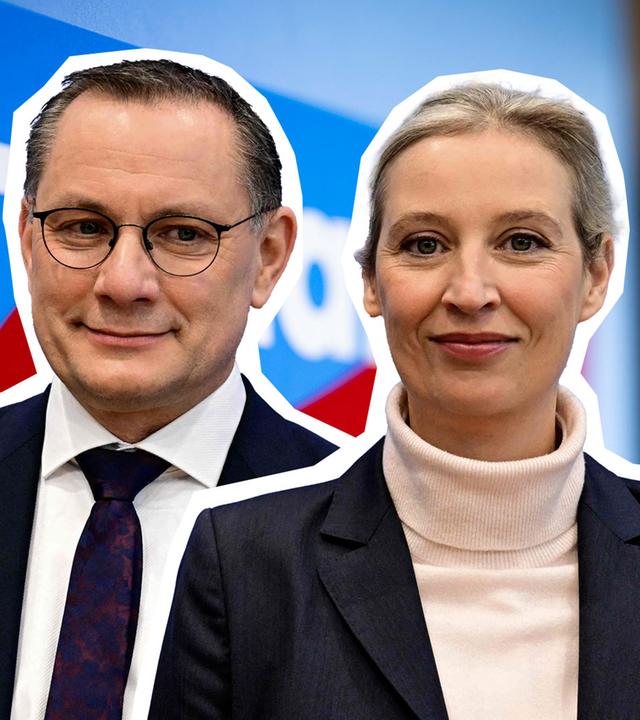 Tino Chrupalla und Alice Weidel vor einem AfD-Banner.
