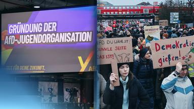 Zwei Bilder nebeneinander: links das Bild einer Leinwand in Gießen auf der "Gründung der AfD-Jugendorganisation" steht. Auf dem rechten Bild sind zahlreiche Protestierende zu sehen, die in Gießen gegen das Treffen der AfD auf die Straßen gehen.