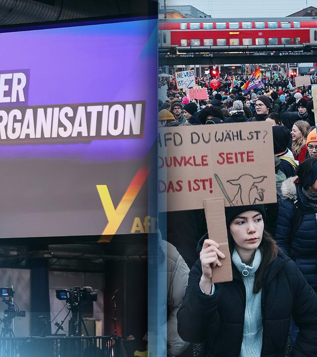 Zwei Bilder nebeneinander: links das Bild einer Leinwand in Gießen auf der "Gründung der AfD-Jugendorganisation" steht. Auf dem rechten Bild sind zahlreiche Protestierende zu sehen, die in Gießen gegen das Treffen der AfD auf die Straßen gehen.