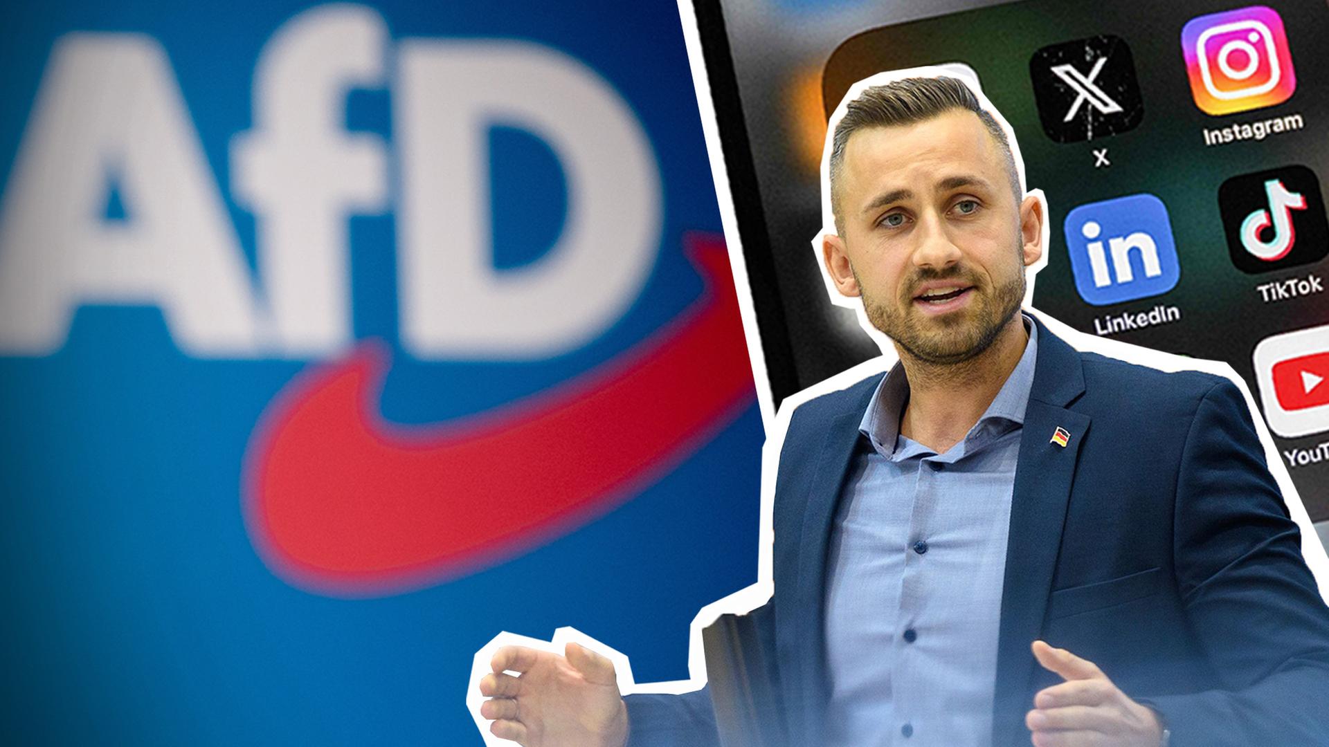 Rechts im Bild ist AfD-Politiker Ulrich Siegmund freigestellt, im Hintergrund ein Smartphone mit Social Media Apps wie Instagram und TikTok, links im hintergrund ein AfD-Logo.
