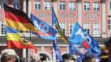 11.07.2026, Mecklenburg-Vorpommern, Rostock: Teilnehmer einer Kundgebung der AfD unter dem Motto "Linke Gewalt stoppen!" halten auf dem Neuen Markt eine Fahne mit den historischen mecklenburgischen Farben, Deutschlandfahnen und Fahnen mit AfD-Logo. 