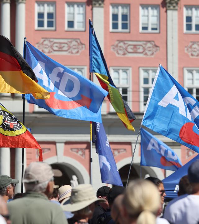 11.07.2026, Mecklenburg-Vorpommern, Rostock: Teilnehmer einer Kundgebung der AfD unter dem Motto "Linke Gewalt stoppen!" halten auf dem Neuen Markt eine Fahne mit den historischen mecklenburgischen Farben, Deutschlandfahnen und Fahnen mit AfD-Logo. 