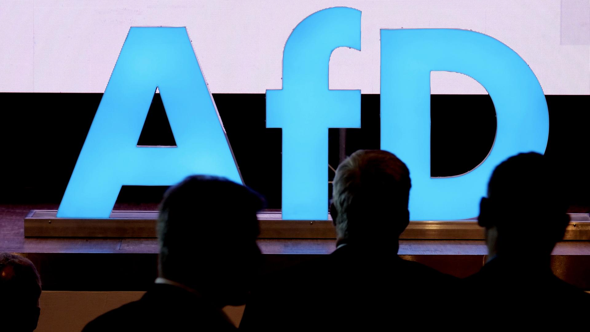 Delegierte sind beim Landesparteitag der AfD Sachsen vor einem Logo der Partei zu sehen