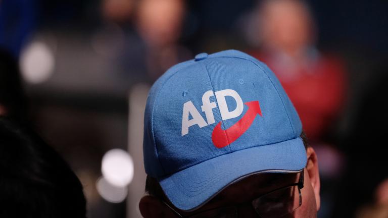 Ein Teilnehmer der Europawahlversammlung der Alternative für Deutschland (AfD) trägt eine AfD-Kappe.