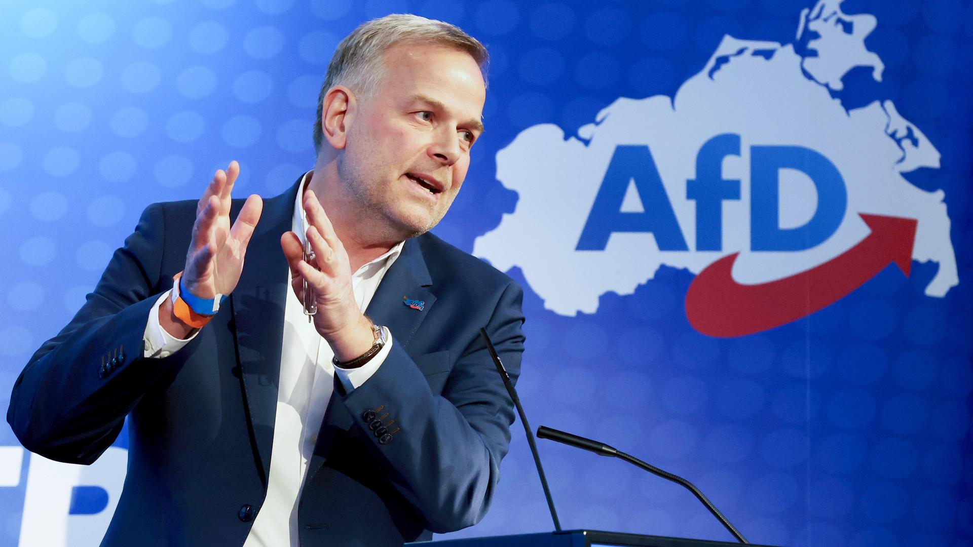 Leif-Erik Holm, Mecklenburg-Vorpommerns Co-Landeschef und Bundestagsabgeordneter der AfD hält eine Rede