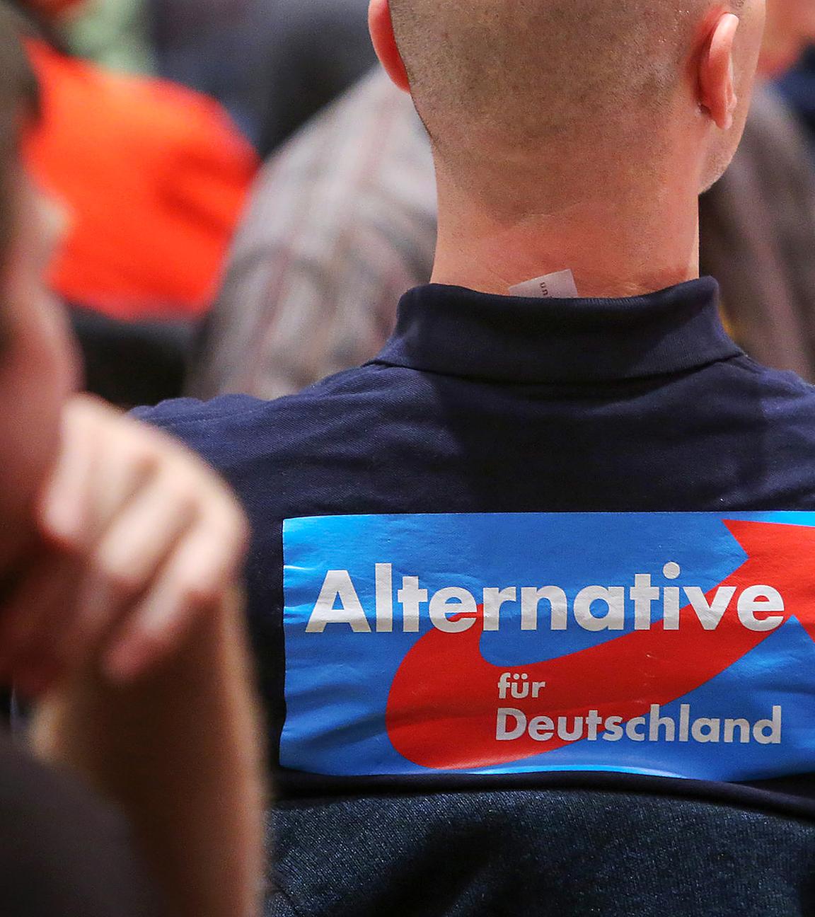 Ein mitglied der Partei AfD nimmt an einer Wahlkampfveranstaltung seiner Partei in Mainz teil