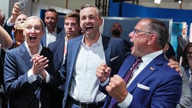 Ulrich Siegmund, Alice Weidel und  Tino Chrupalla feiern nach der Landtagswahl in Sachsen-Anhalt.