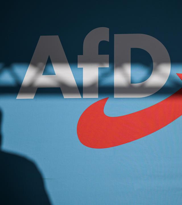 Ein Redner wirft einen Schatten auf die Bühnenrückwand mit AfD-Schriftzug auf einer Veranstaltung.