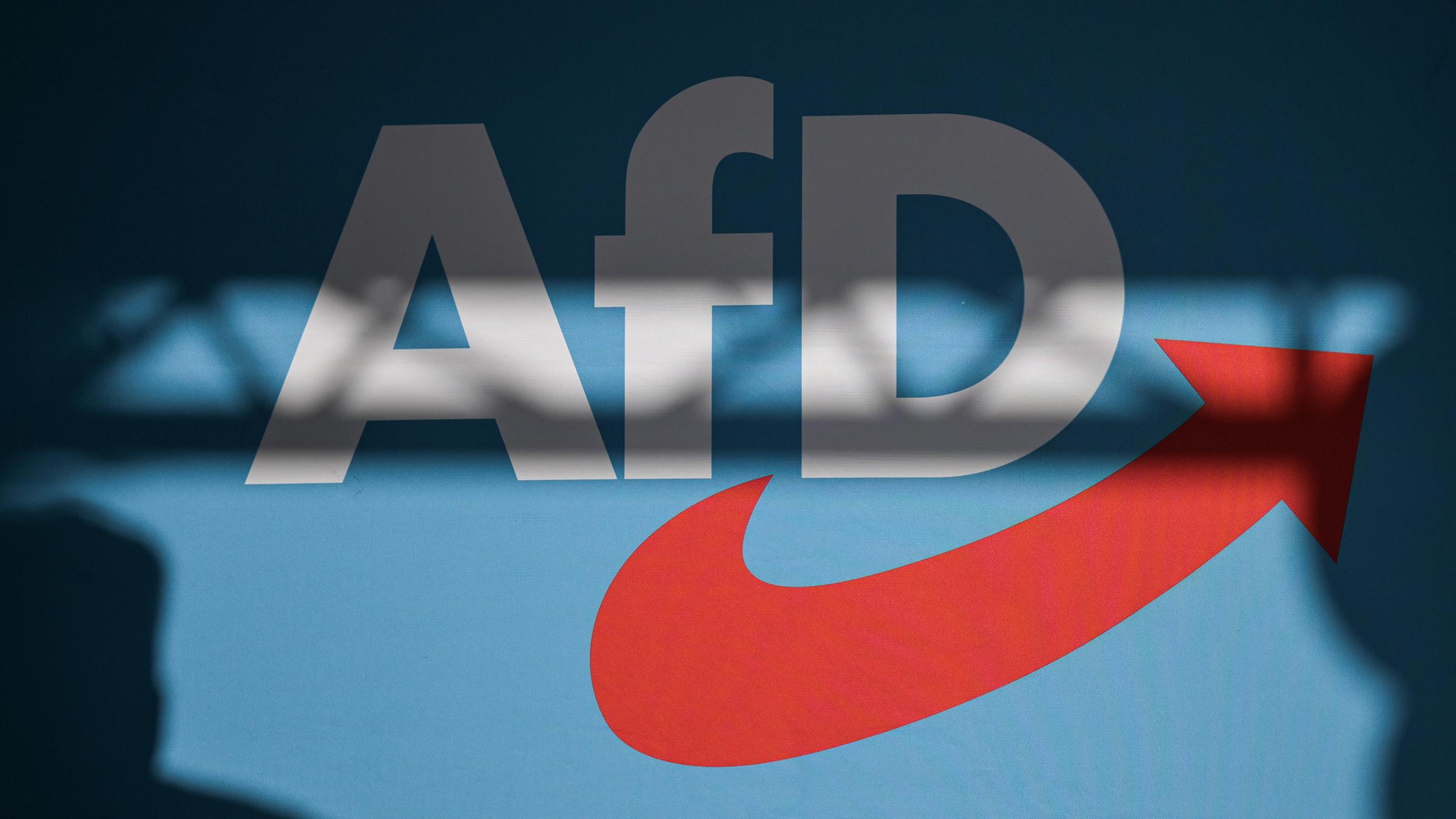 Ein Redner wirft einen Schatten auf die Bühnenrückwand mit AfD-Schriftzug auf einer Veranstaltung. (Archivbild)