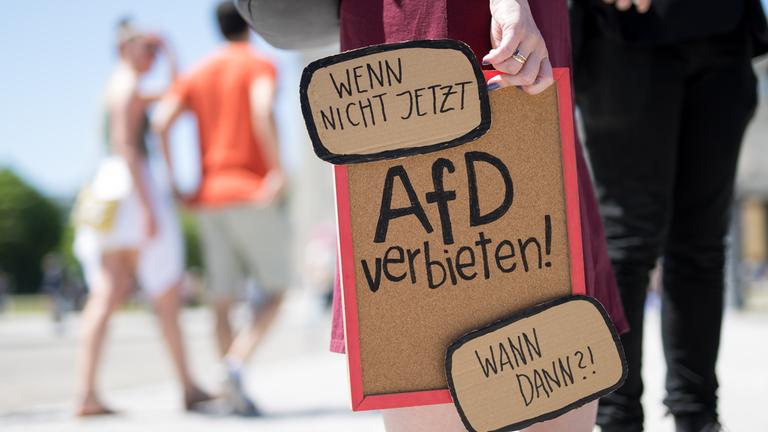  Eine Demonstrantin hält ein Plakat mit der Aufschrift «AFD verbieten!» bei einer Demonstration im Rahmen eines bundesweiten Aktionstags unter dem Motto «Keine Ausreden mehr - AfD-Verbot jetzt!».