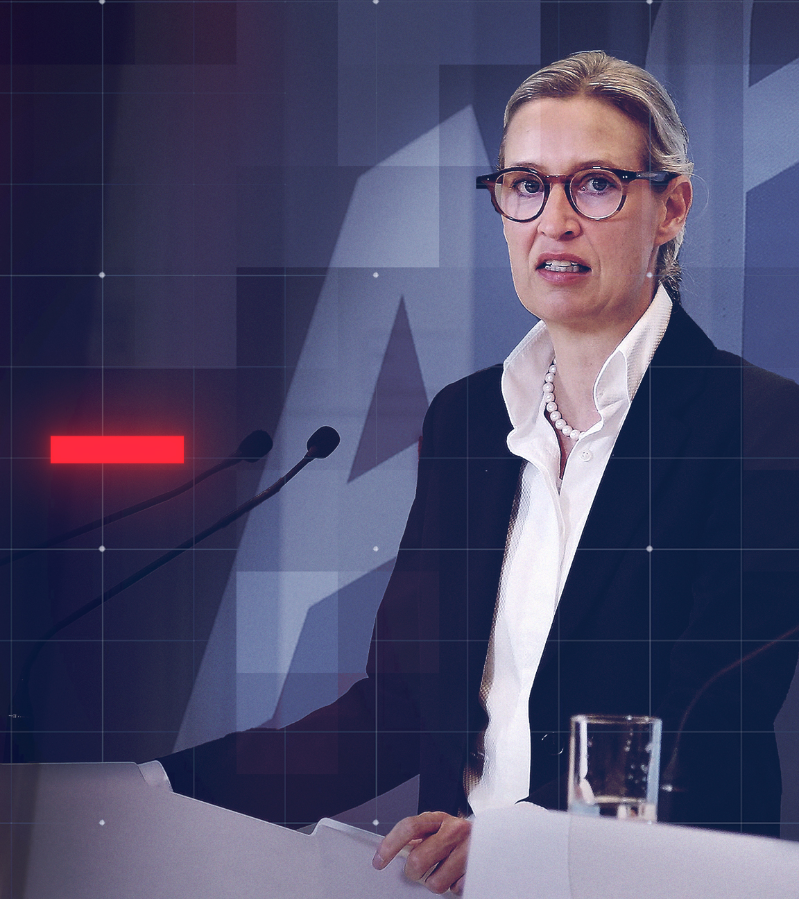 Bildmontage: Pressekonferenz nach AfD-Fraktionssitzung mit Alice Weidel (links im Bild) und Tino Chrupalla (rechts im Bild) vor AfD-Logo-Wand