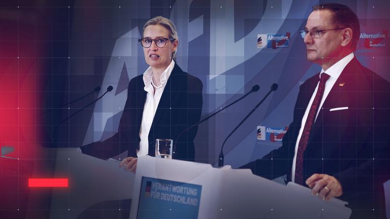 Bildmontage: Pressekonferenz nach AfD-Fraktionssitzung mit Alice Weidel (links im Bild) und Tino Chrupalla (rechts im Bild) vor AfD-Logo-Wand