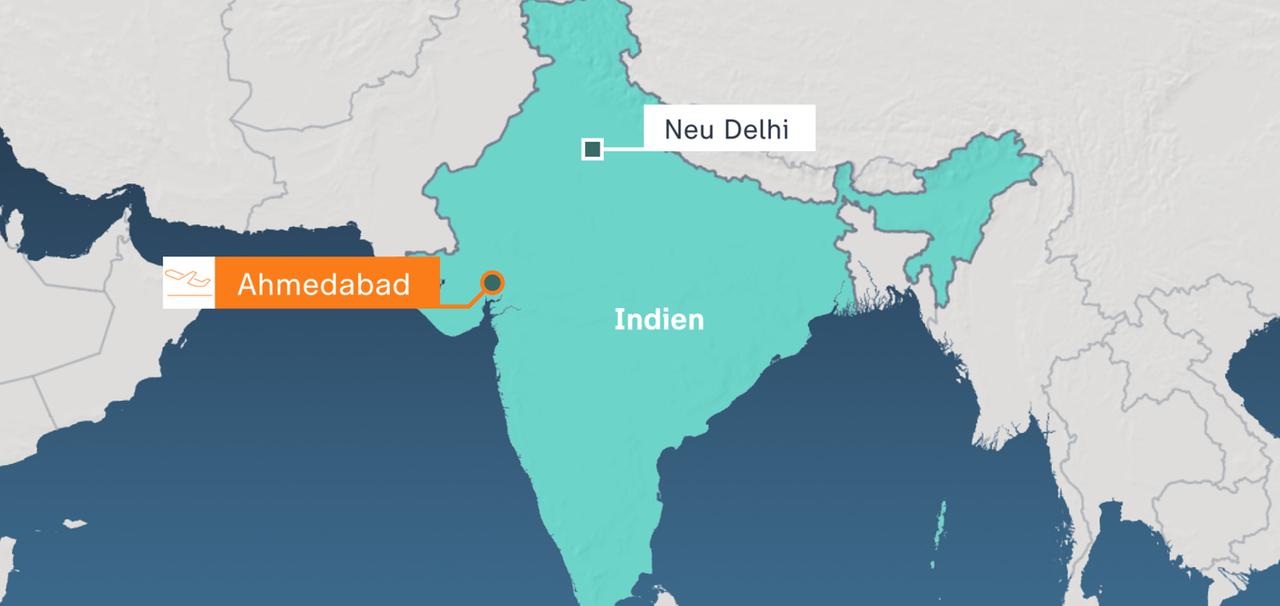 Landkarte Indiens mit dem Flughafenstandort Ahmedebad