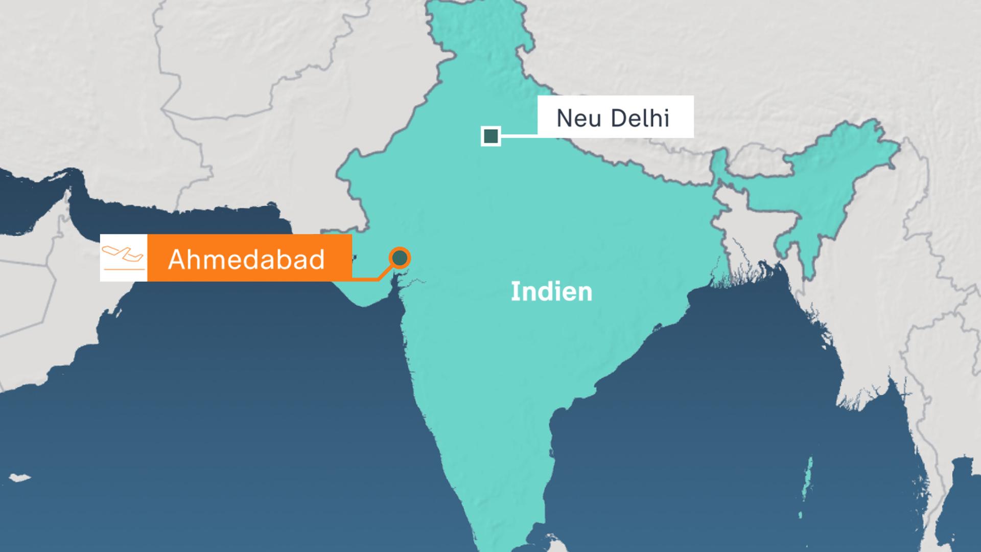 Landkarte Indiens mit dem Flughafenstandort Ahmedebad