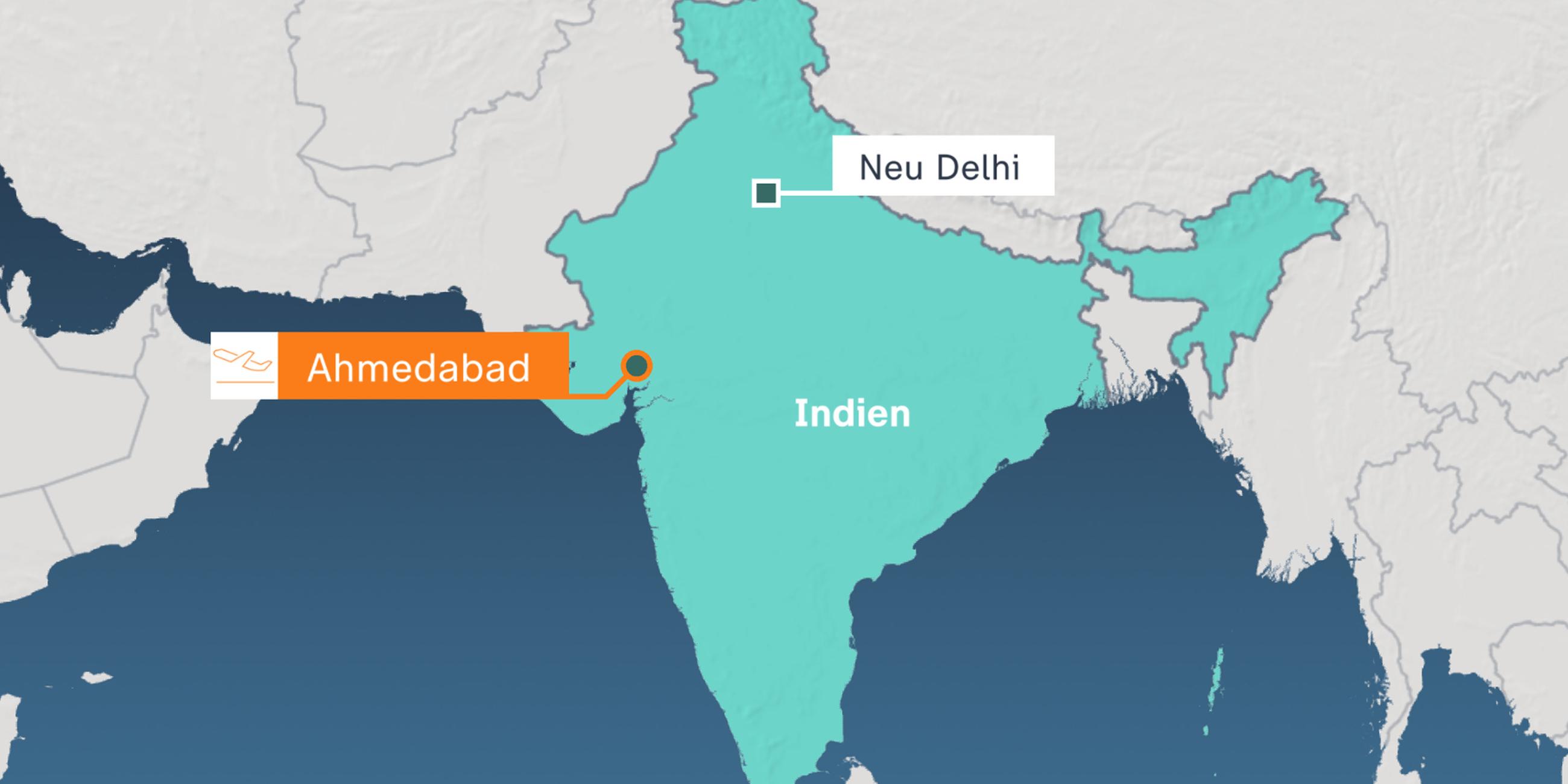 Landkarte Indiens mit dem Flughafenstandort Ahmedebad