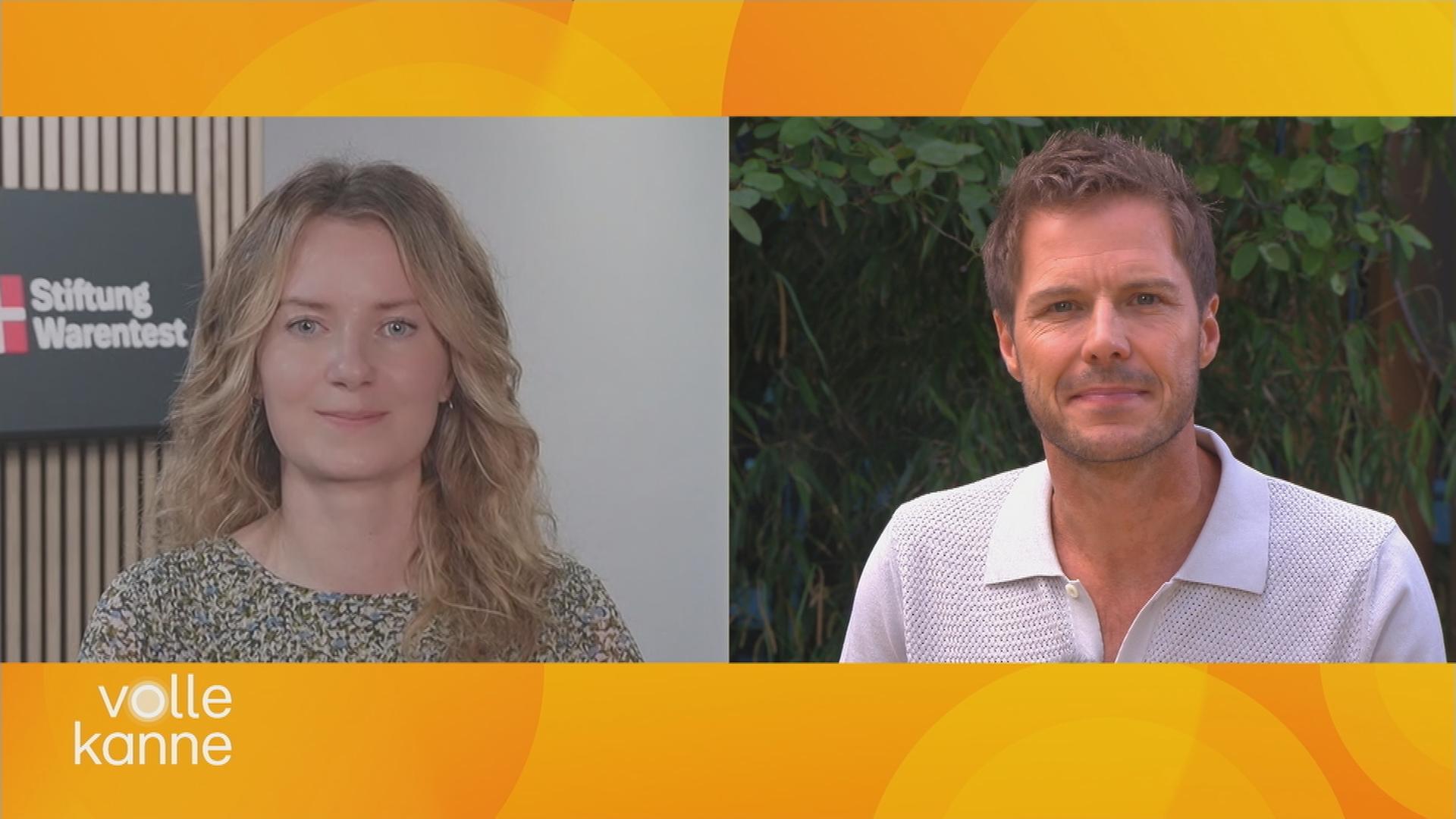 Alica Vierwiebe von der Stfitung Warentest mit "Volle Kanne"-Moderator Florian Weiss im Gespräch