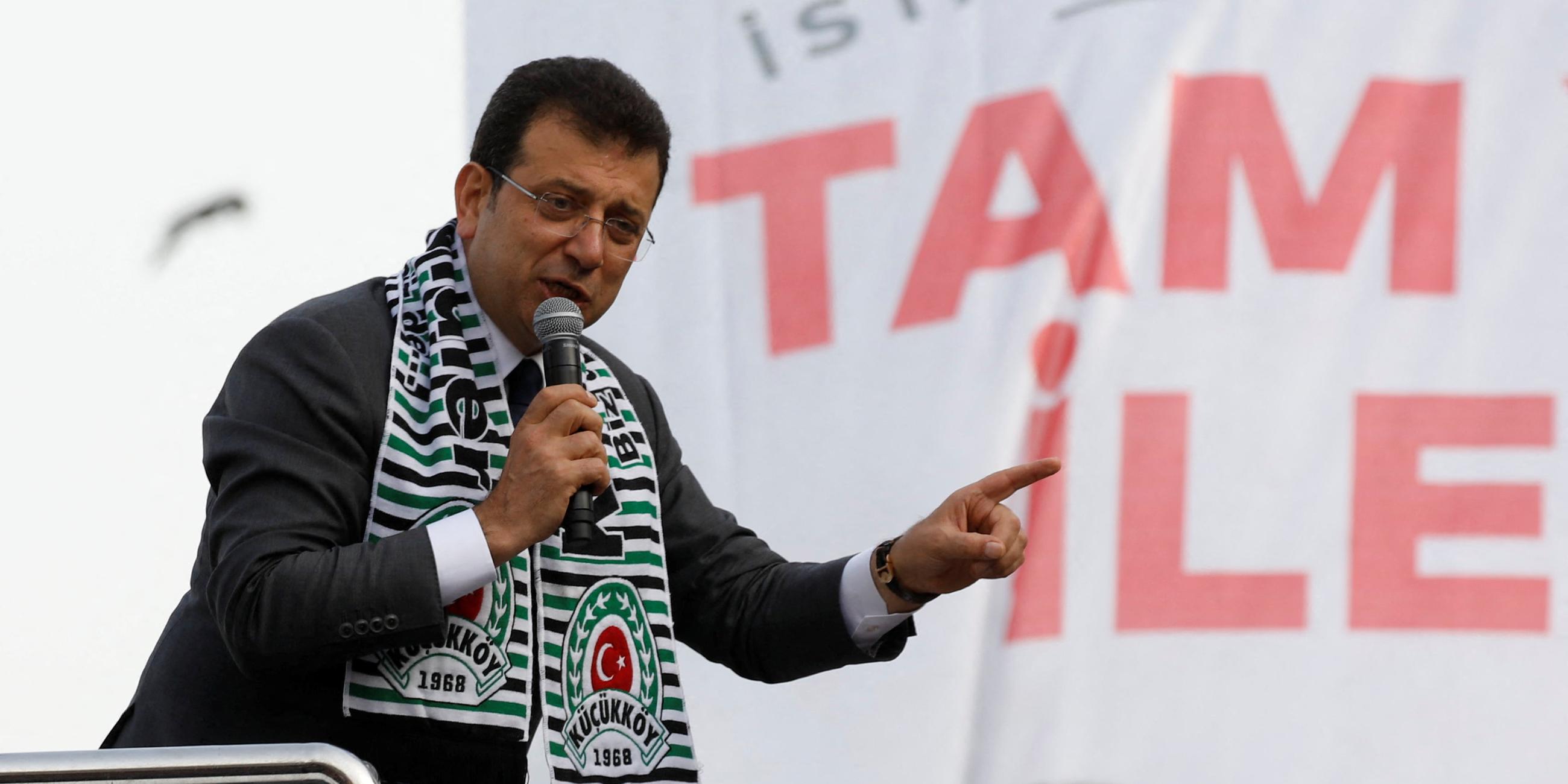 Istanbul's Mayor Imamoglu speaks during an election rally in Istanbul