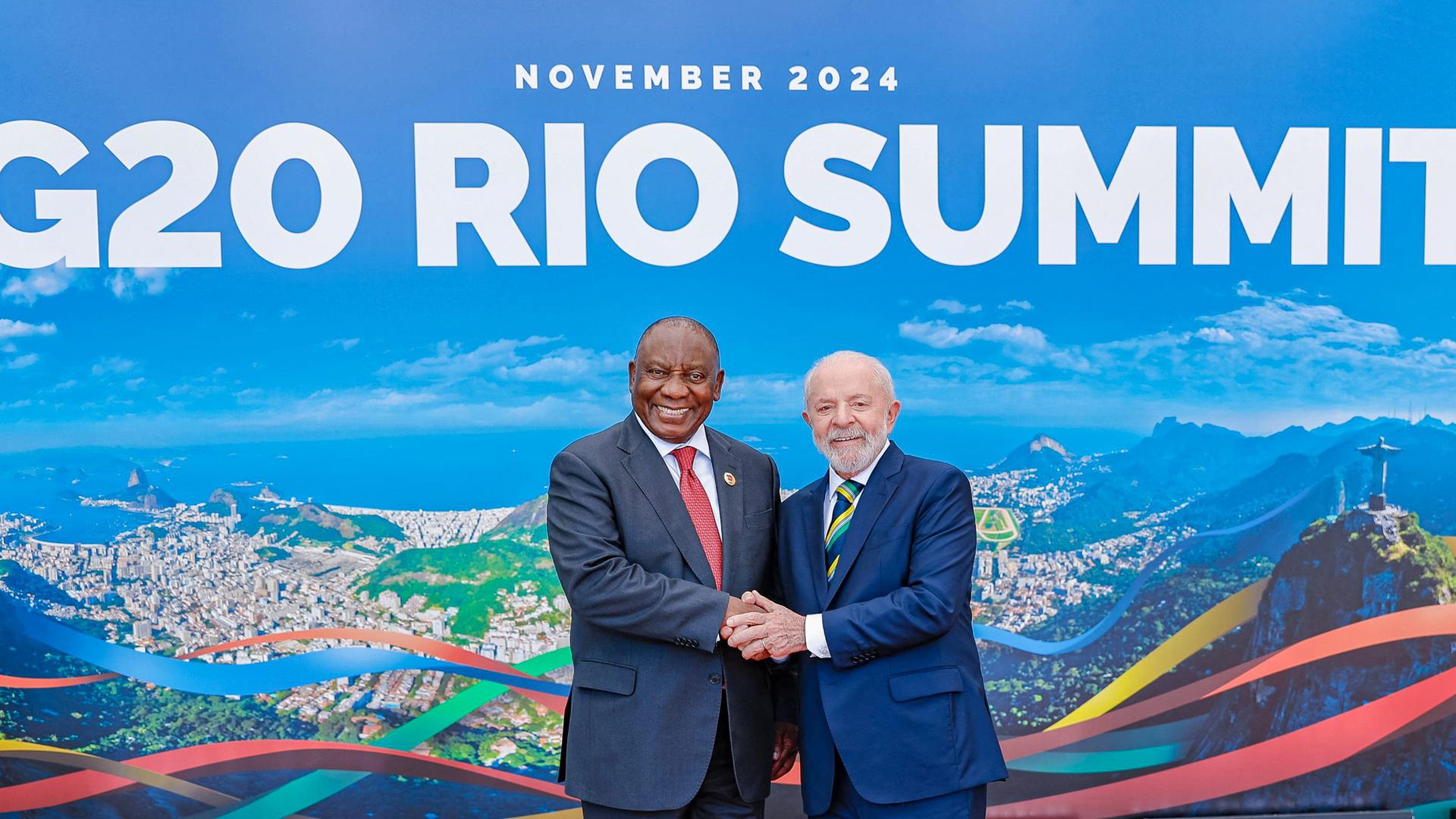 Brazil's President Lula greets South Africa's President Cyril Ramaphosa, at the G20 summit in Rio de Janeiro