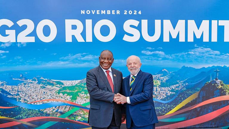 Brazil's President Lula greets South Africa's President Cyril Ramaphosa, at the G20 summit in Rio de Janeiro
