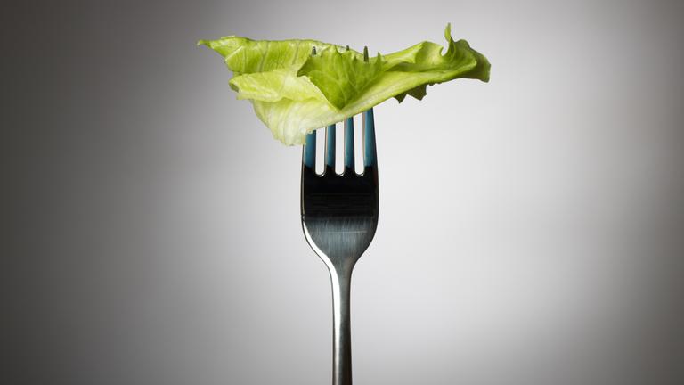 Ein Salatblatt auf der Gabel