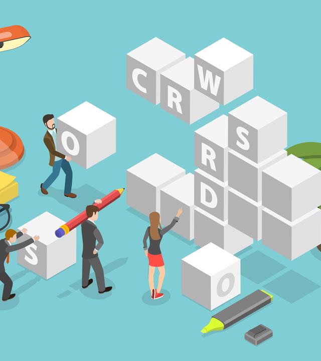 3D Isometric Flat konzeptionelle Illustration von Kreuzworträtsel lösen, Logik Gamess für Gehirnjogging<br>3D Isometric Flat Con