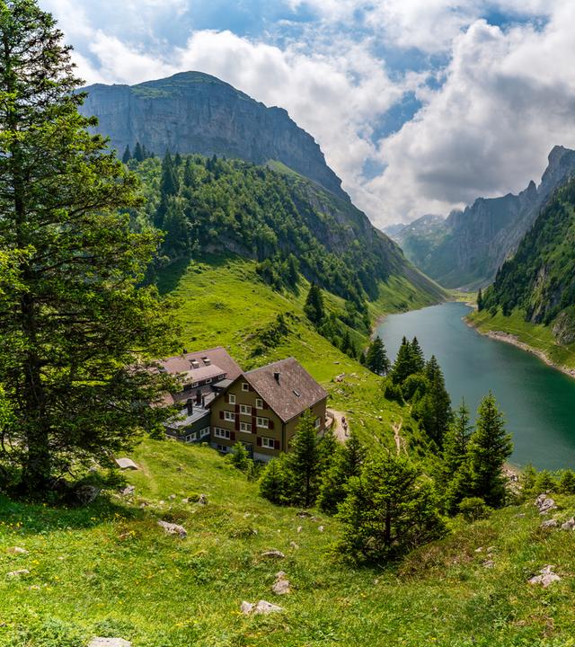 Ein atemberaubender Panoramablick auf ein üppiges Alpental mit einem ruhigen See umgeben von majestätischen Gipfeln, die Ruhe un